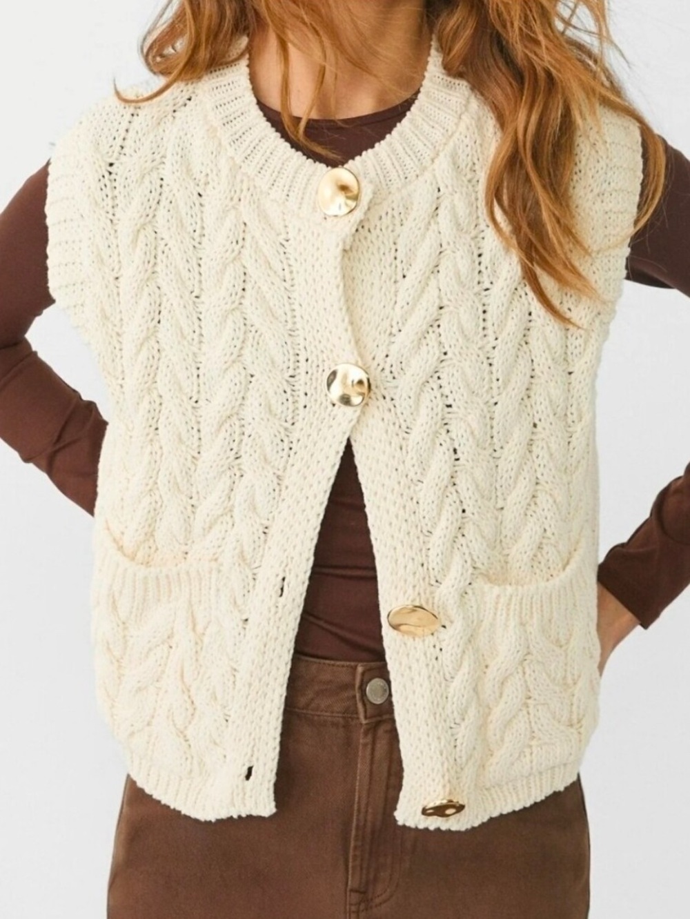 Cream Cable-Knit Vest with Gold Buttons and Front Pockets